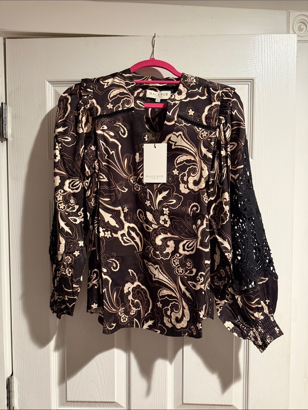 Hale Bob Black and Cream Paisley Blouse with Lace Sleeves